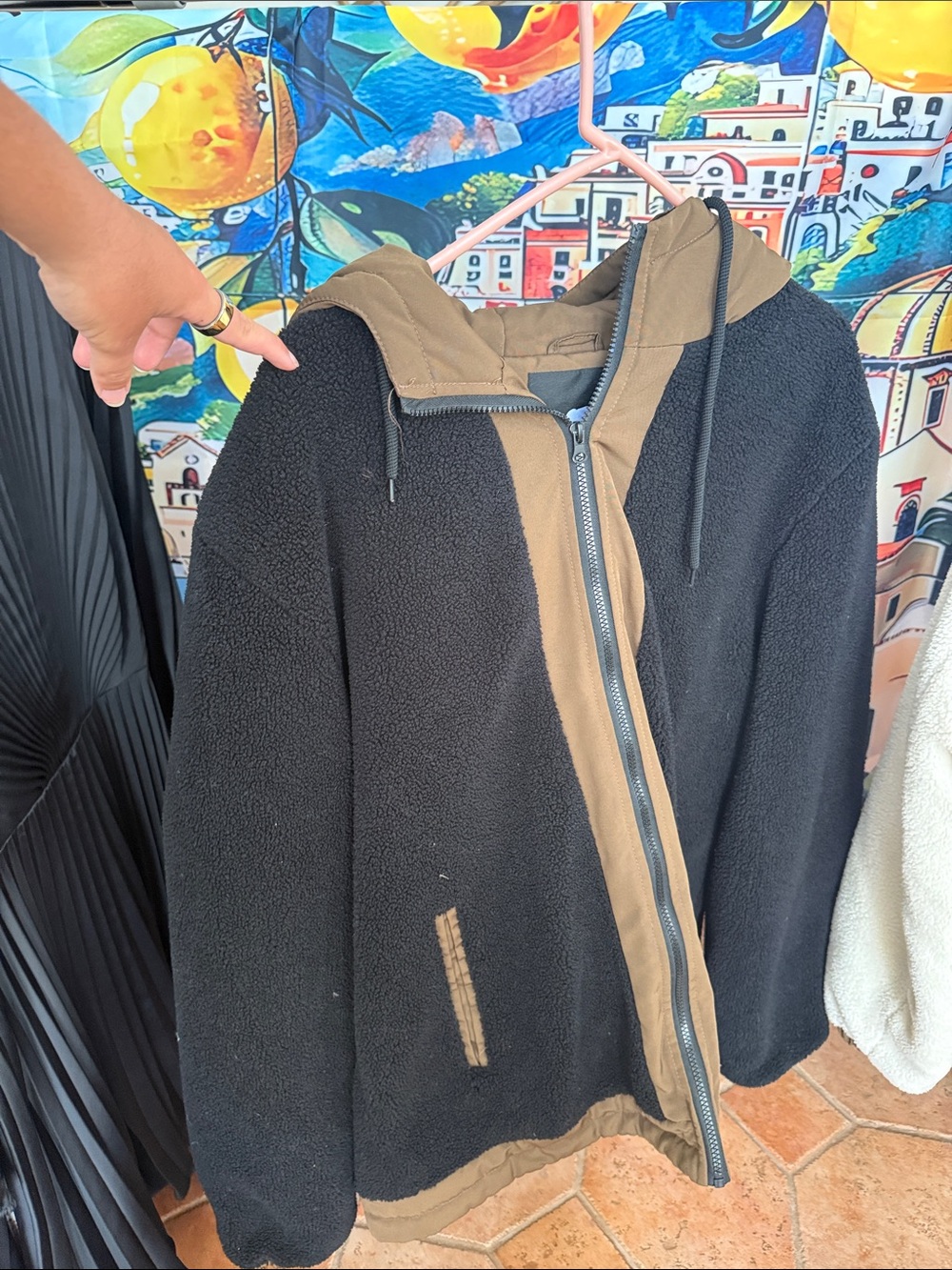 Men's Black Sherpa Zip Hoodie with Brown Trim